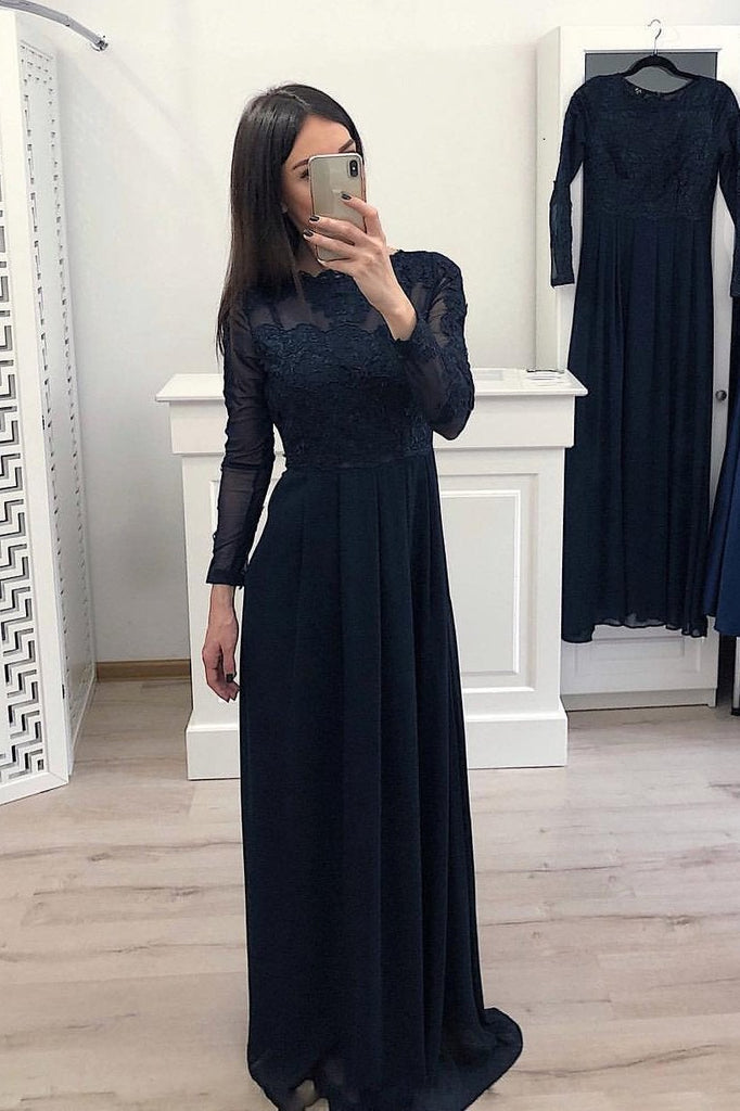 Elegant A Line Long Sleeve Chiffon Navy Blue Appliques Prom Dresses INH58