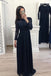 Elegant A Line Long Sleeve Chiffon Navy Blue Appliques Prom Dresses INH58