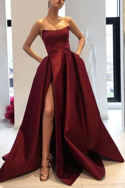 Burgundy Strapless A Line Long Satin Prom Dresses With Split INB47