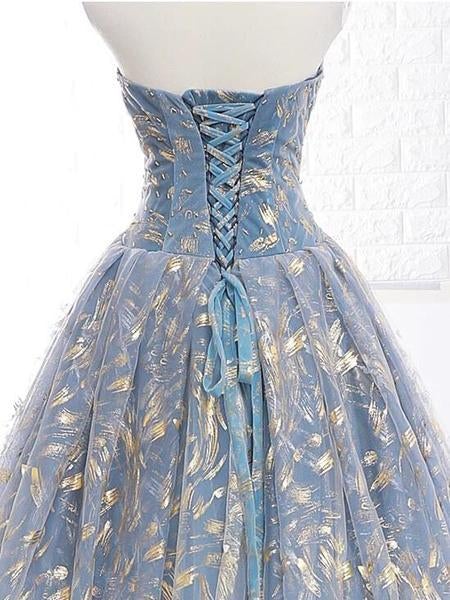 Blue and Gold Lace Ball Gown Prom Dresses, Sweet 16 Princess Quinceanera Dress INH63