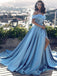 Off Shoulder Blue Prom Gown with Slit, Long Formal Evening Dress with Sweep Train IND95