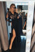 A-Line V-Neck Long Sleeves Black Split Evening Prom Dress with Lace INF71