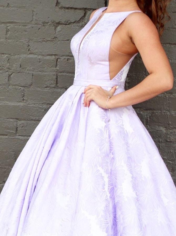 A-Line Floor-Length Lilac Printed Prom Dress, Simple Long Evening Dresses INJ12