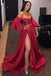 A-Line Off the Shoulder Red Split Front Long Prom Dress with Belt Sleeves INH8
