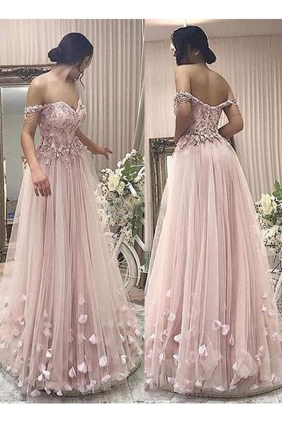 Pink Tulle A Line Off the Shoulder Flowers Long Prom Dress IN789
