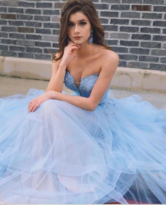 Sky Blue Tulle Long Sweetheart A line Lace Top Prom Dresses IN970