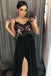 Unique A-Line Spaghetti Straps Black Split Long Prom Dress with Lace INA87