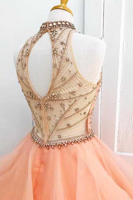 Charming High Neck Ruffle Beading Ball Gown Long Formal Prom Dress IN629
