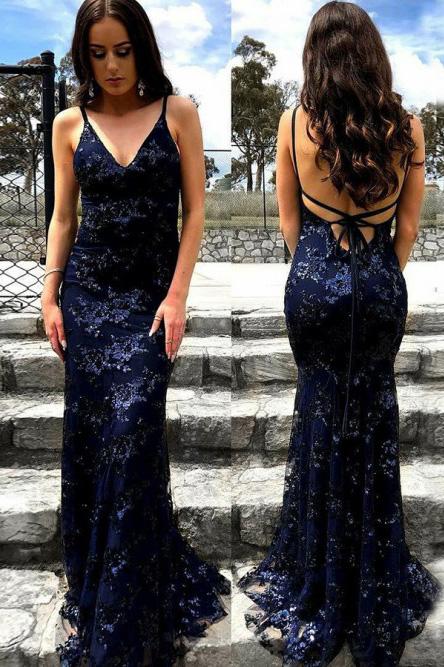 Mermaid Spaghetti Straps Lace Backless Navy Blue Prom Dress INJ31