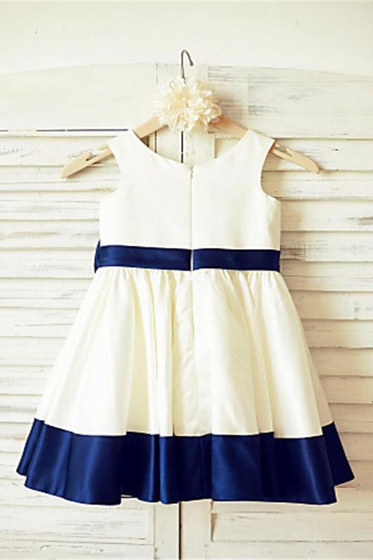 A-line Scoop Sleeveless Bowknot Tea-Length Satin Flower Girl Dresses With Blue Sash IN711