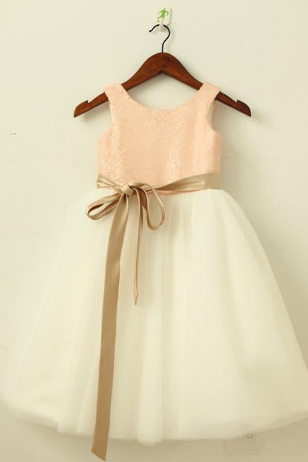 A-Line Round Neck White Flower Girl Dress with Lace Sequins Sash INP22