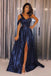 A-Line One-Shoulder Navy Blue Sequined Cheap Prom Dress with Split INJ29