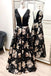 A Line V Neck Floral Prom Dresses, Long Black Prom Gown INK27