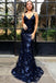 Mermaid Spaghetti Straps Lace Backless Navy Blue Prom Dress INJ31