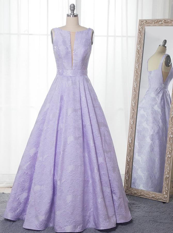 A-Line Floor-Length Lilac Printed Prom Dress, Simple Long Evening Dresses INJ12