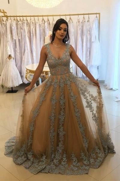 A-Line V-Neck Tulle Long Prom Dress with Lace Appliques INH6