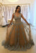 A-Line V-Neck Tulle Long Prom Dress with Lace Appliques INH6