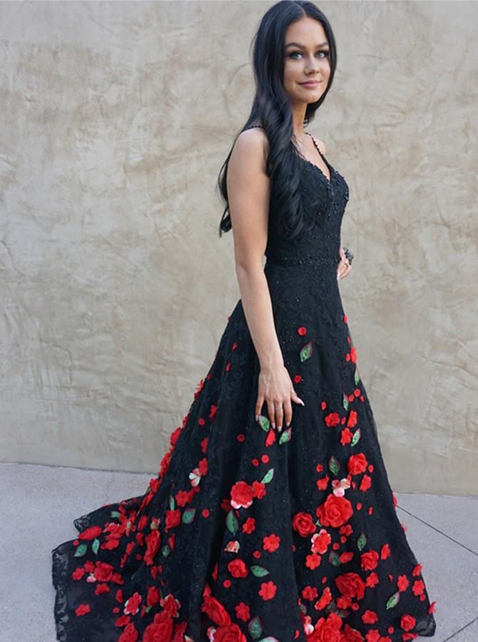 A-Line Spaghetti Straps Black Sweep Train A Line Prom Dress with Flowers INI74