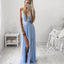 Sky Blue Chiffon Long V Neck Spaghetti Straps Simple Prom Dresses IND72