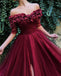 Burgundy Off the Shoulder Maroon A Line Long Tulle Pom Dresses 2019 ING91
