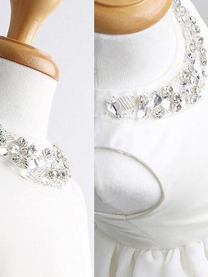 White Ball Gown Jewel Sleeveless Bowknot Long Satin Flower Girl Dresses IN700