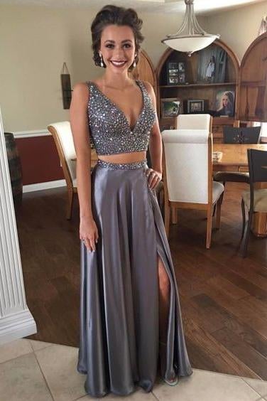 Sexy Two Piece Beaded Prom Dresses,2 Piece Slit Evening Party Dress,Graduation Dress IN787
