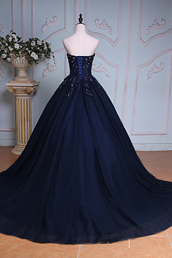 Navy Blue Ball Gown Court Train Sweetheart Strapless Appliques Prom Dress IN625