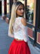 Two Piece Long Sleeves Cold Shoulder Red Long Prom Dress with White Lace Pockets INI73