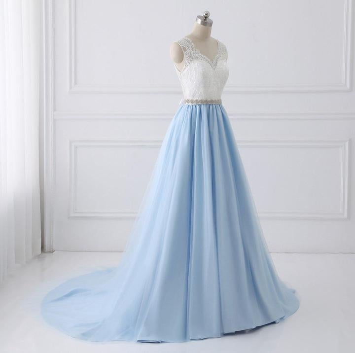 Sky Blue Long V Neck Evening Dress with Beaded Belt,Lace Top Long Prom Dress IN980