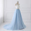Sky Blue Long V Neck Evening Dress with Beaded Belt,Lace Top Long Prom Dress IN980