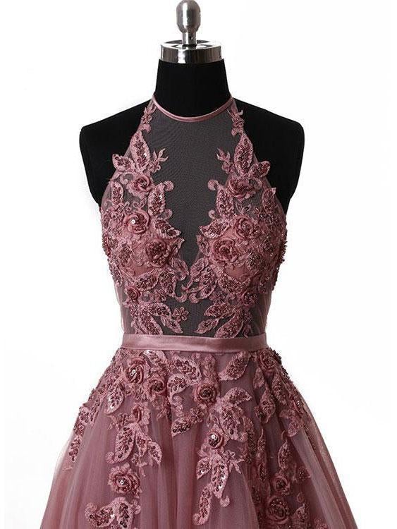 Halter Dusty Red Lace Appliques Tulle A line Long Prom Dresses INA86
