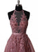 Halter Dusty Red Lace Appliques Tulle A line Long Prom Dresses INA86