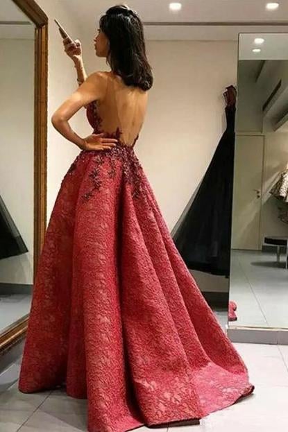 Modest A-Line Round Neck Backless Sweep Train Lace Prom Dress with Appliques IN963