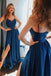 A Line Spaghetti Blue Prom Dresses, Long Split Cheap Evening Dress INI87