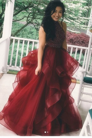 Cheap Burgundy A Line Beading Long Prom Dresses With Ruffles INF52
