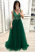 Fashion A Line V Neck Beading Prom Dresses, Long Tulle Green Prom Dress INK24