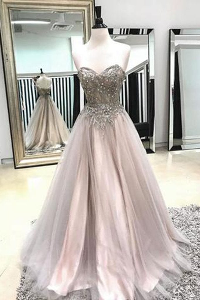 A Line Long Spaghetti Straps Sweetheart Beading Tulle Prom Dress INB93