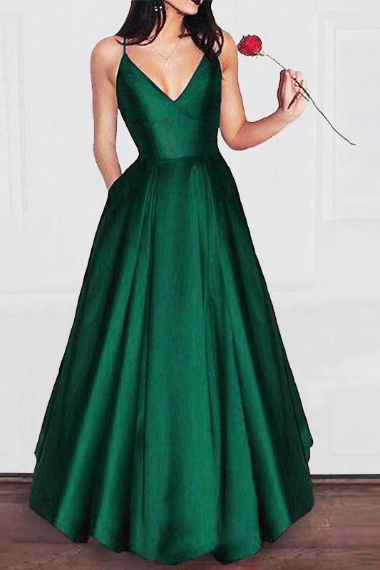 Charming A Line V Neck Satin Spaghetti Straps Long Prom Dress,Girls Graduation Dresses INB29