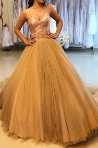 Pretty A-Line Spaghetti Straps Tulle Gold Long Prom Dresses INH7