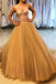 Pretty A-Line Spaghetti Straps Tulle Gold Long Prom Dresses INH7