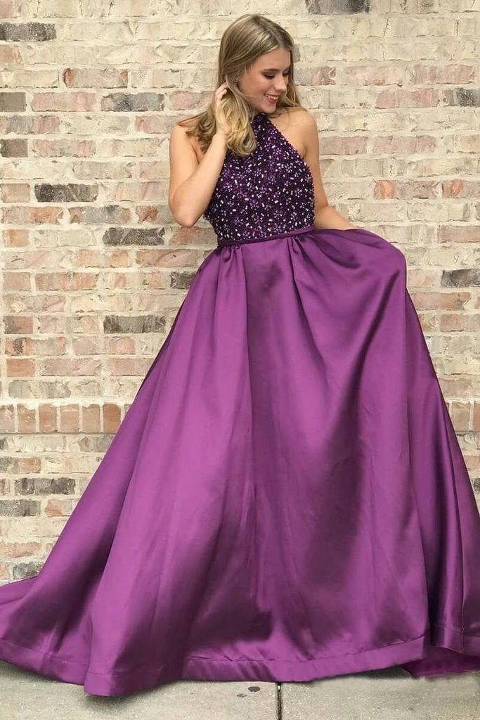 Halter Purple Long Satin Prom Dresses Beaded Junior Evening Gown 2019 INI6