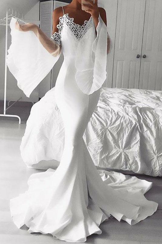 Mermaid Cold Shoulder Flare Sleeves White Prom Dress with Lace INK68
