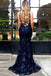 Mermaid Spaghetti Straps Lace Backless Navy Blue Prom Dress INJ31
