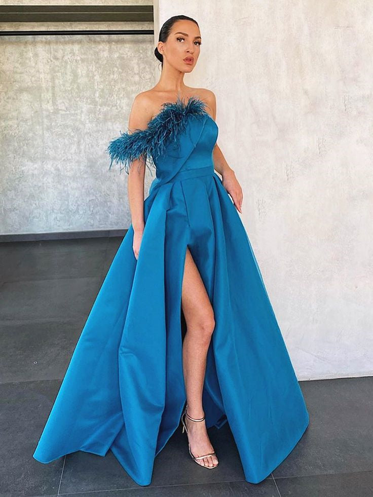 A Line Peacock Blue Satin Long Prom Dresses, Strapless Formal Evening Dresses IN1959