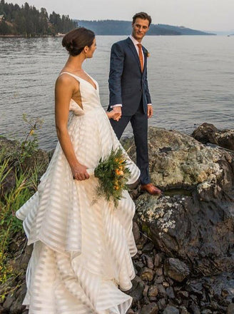 Generous A-Line Deep V-Neck Sleeveless Backless Off White Organza Wedding Dress INF77