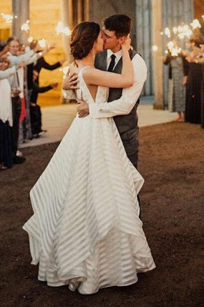 Generous A-Line Deep V-Neck Sleeveless Backless Off White Organza Wedding Dress INF77