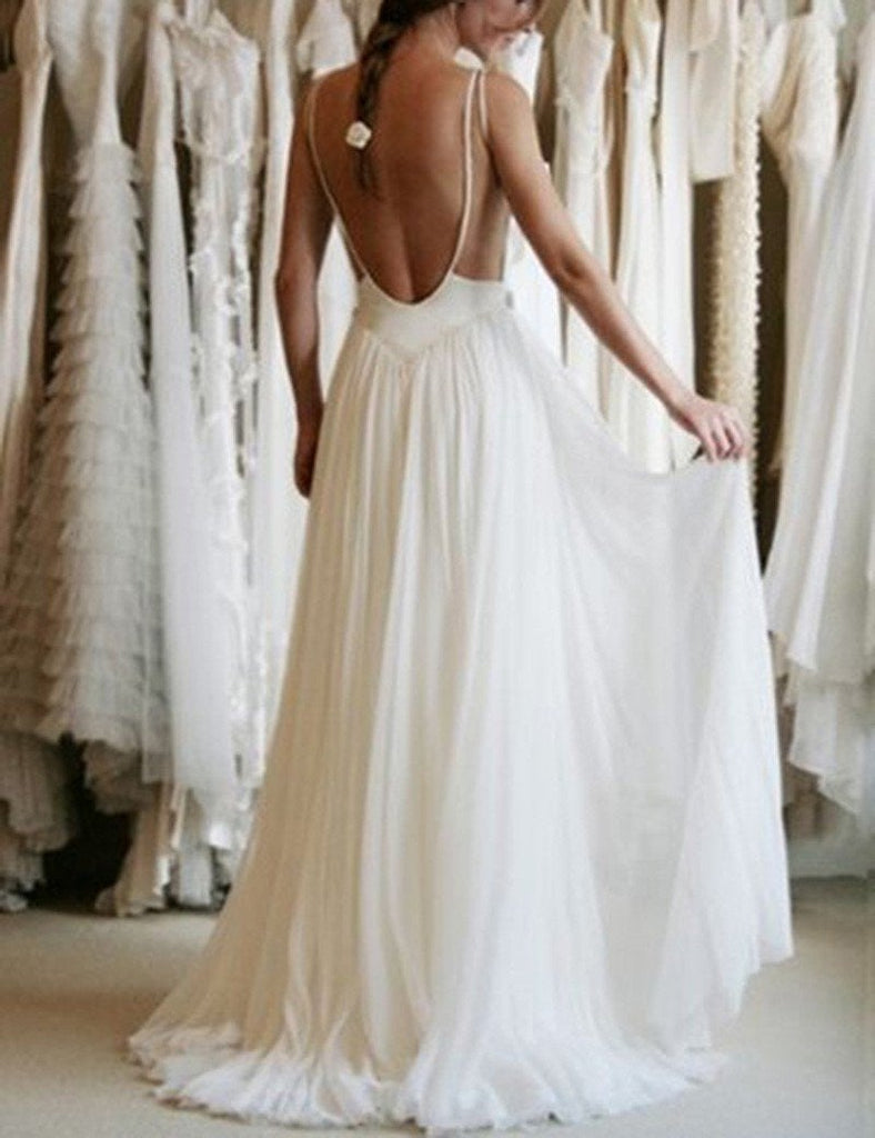 Simple White Lace Bridal Gown,A Line Chiffon Backless Cheap Wedding Dresses IN382