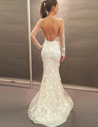 Mermaid Jewel Long Sleeves Sweep Train Wedding Dresses, Prom Dress with Lace Appliques INE36