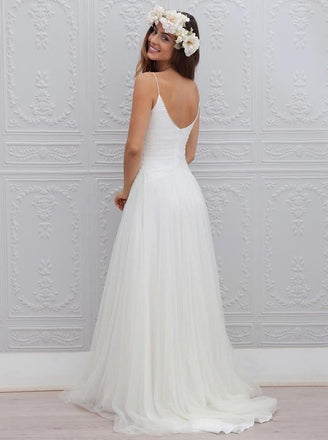 A-Line Spaghetti Straps Tulle V-neck Bakcless Sweep Train Beach/Coast Wedding Dress IN262