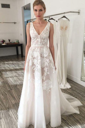 A-Line V-Neck Backless Sweep Train Ivory Wedding Dresses with Appliques INR20